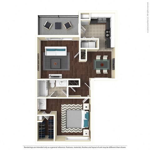 Floor plan for 1 bed, 1 bath, 798 sqft